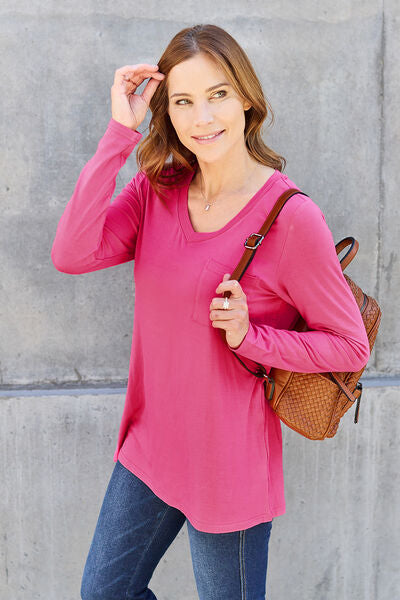 Sustainable Full Size V-Neck Long Sleeve Top - Opulence & Essence