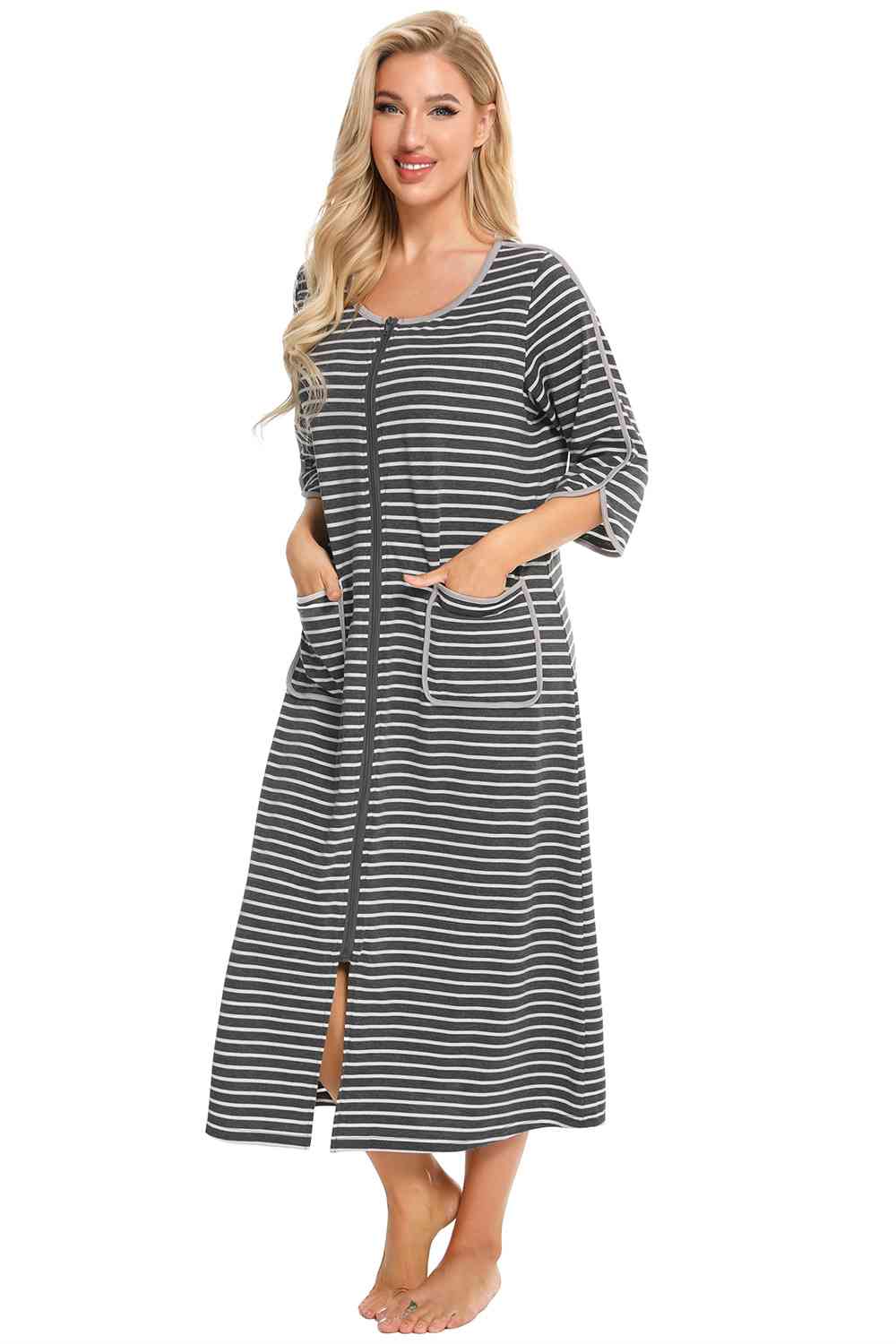 Round Neck Three-Quarter Sleeve Midi Night Dress - Opulence & Essence