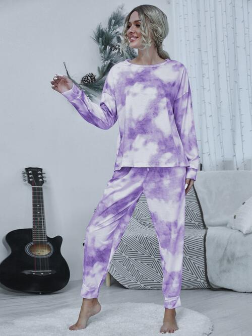 Tie-dye Round Neck Top and Drawstring Pants Lounge Set - Opulence & Essence