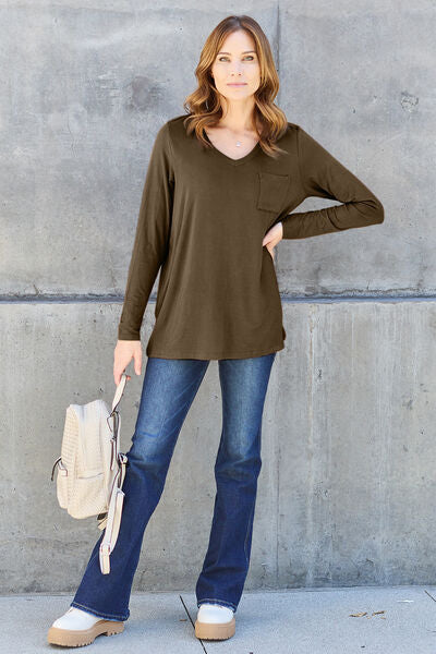 Sustainable Full Size V-Neck Long Sleeve Top - Opulence & Essence