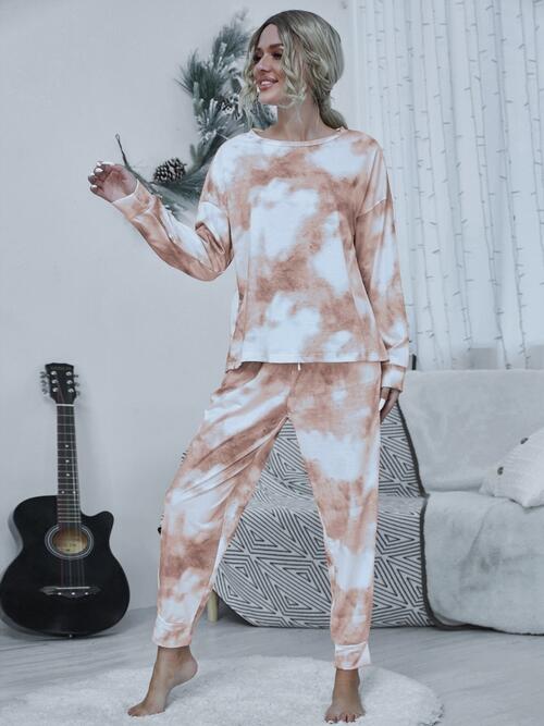 Tie-dye Round Neck Top and Drawstring Pants Lounge Set - Opulence & Essence