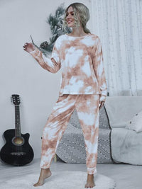 Thumbnail for Tie-dye Round Neck Top and Drawstring Pants Lounge Set - Opulence & Essence