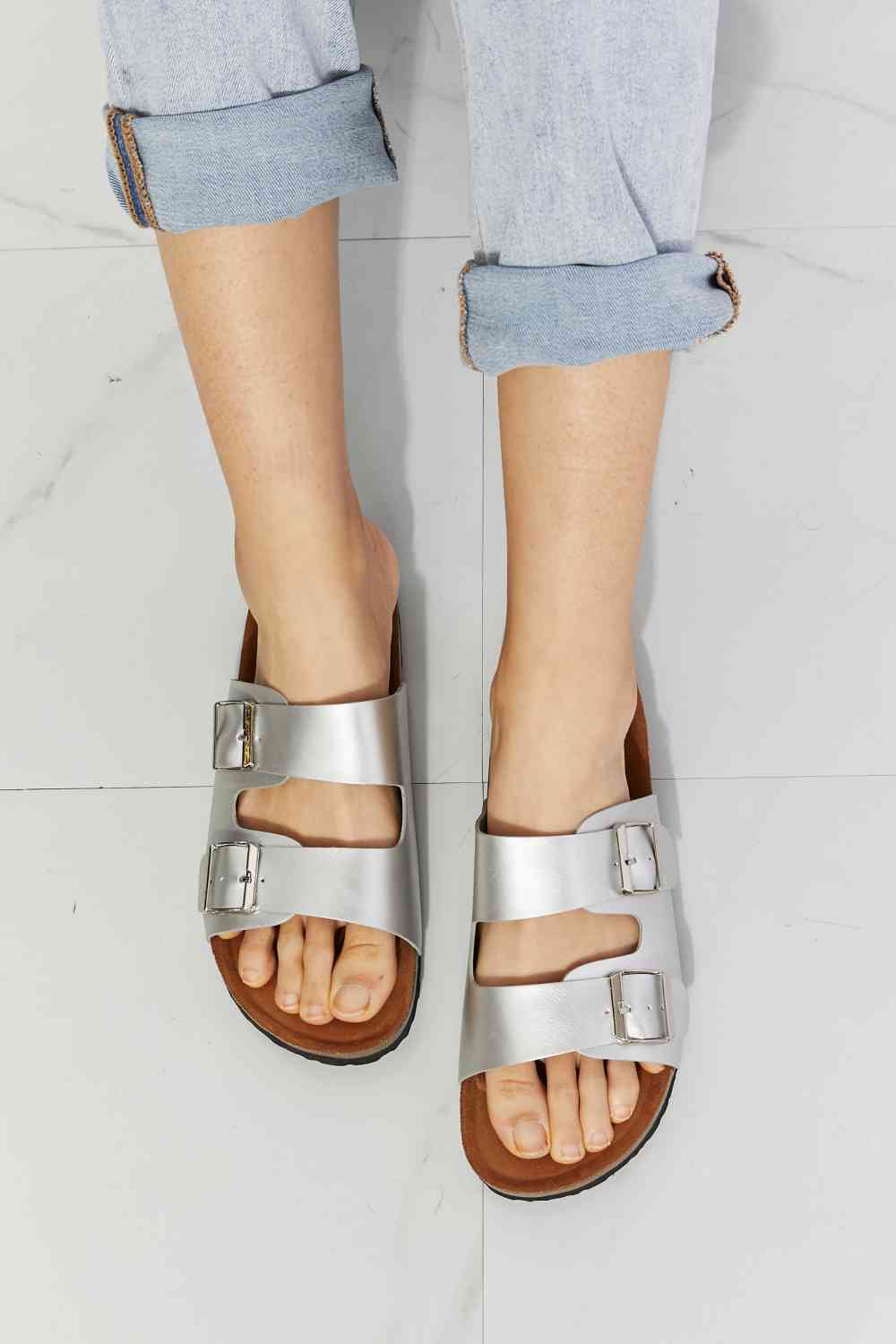 MMShoes Best Life Double-Banded Slide Sandal in Silver - Opulence & Essence