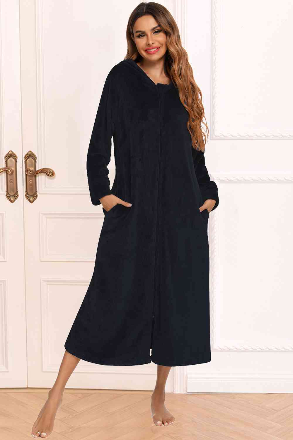 Zip Front Hooded Night Dress with Pockets - Opulence & Essence