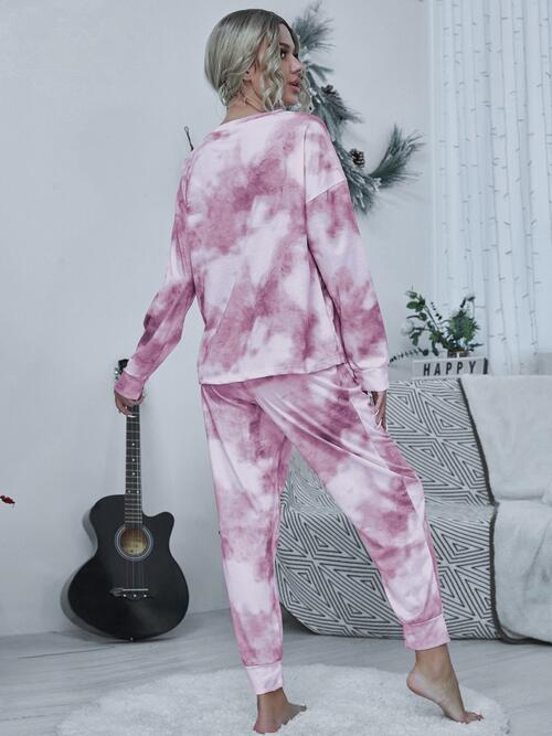 Tie-dye Round Neck Top and Drawstring Pants Lounge Set - Opulence & Essence