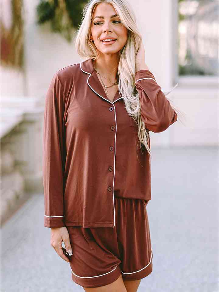 Lapel Collar Long Sleeve Buttoned Top and Shorts Lounge Set - Opulence & Essence