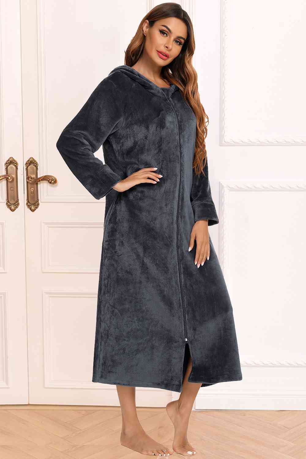 Zip Front Hooded Night Dress with Pockets - Opulence & Essence