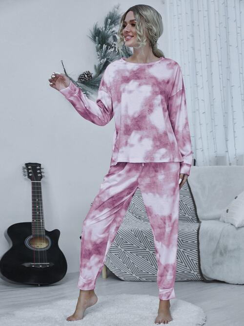 Tie-dye Round Neck Top and Drawstring Pants Lounge Set - Opulence & Essence