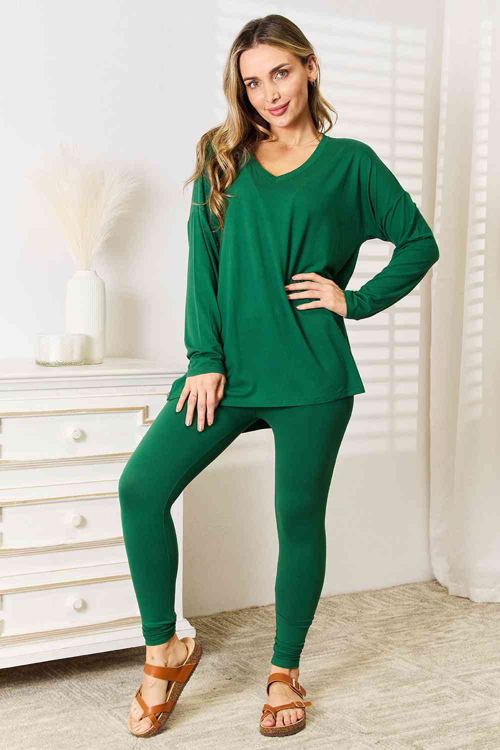 Zenana Lazy Days Full Size Long Sleeve Top and Leggings Set - Opulence & Essence