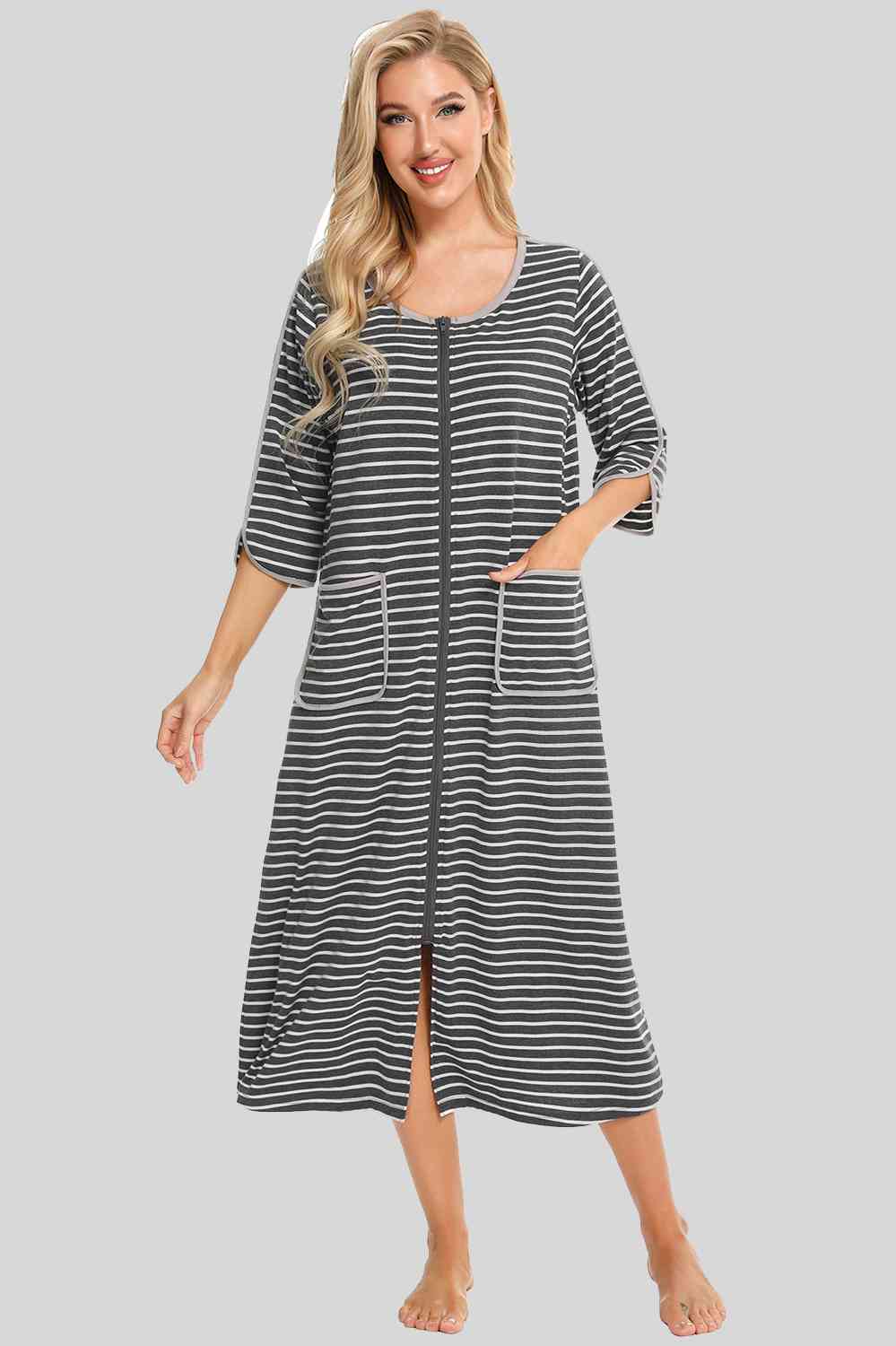 Round Neck Three-Quarter Sleeve Midi Night Dress - Opulence & Essence