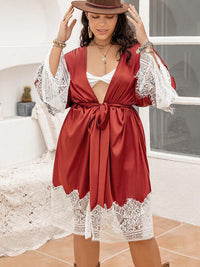 Thumbnail for Plus Size Lace Patchwork Tie Front Robe - Opulence & Essence