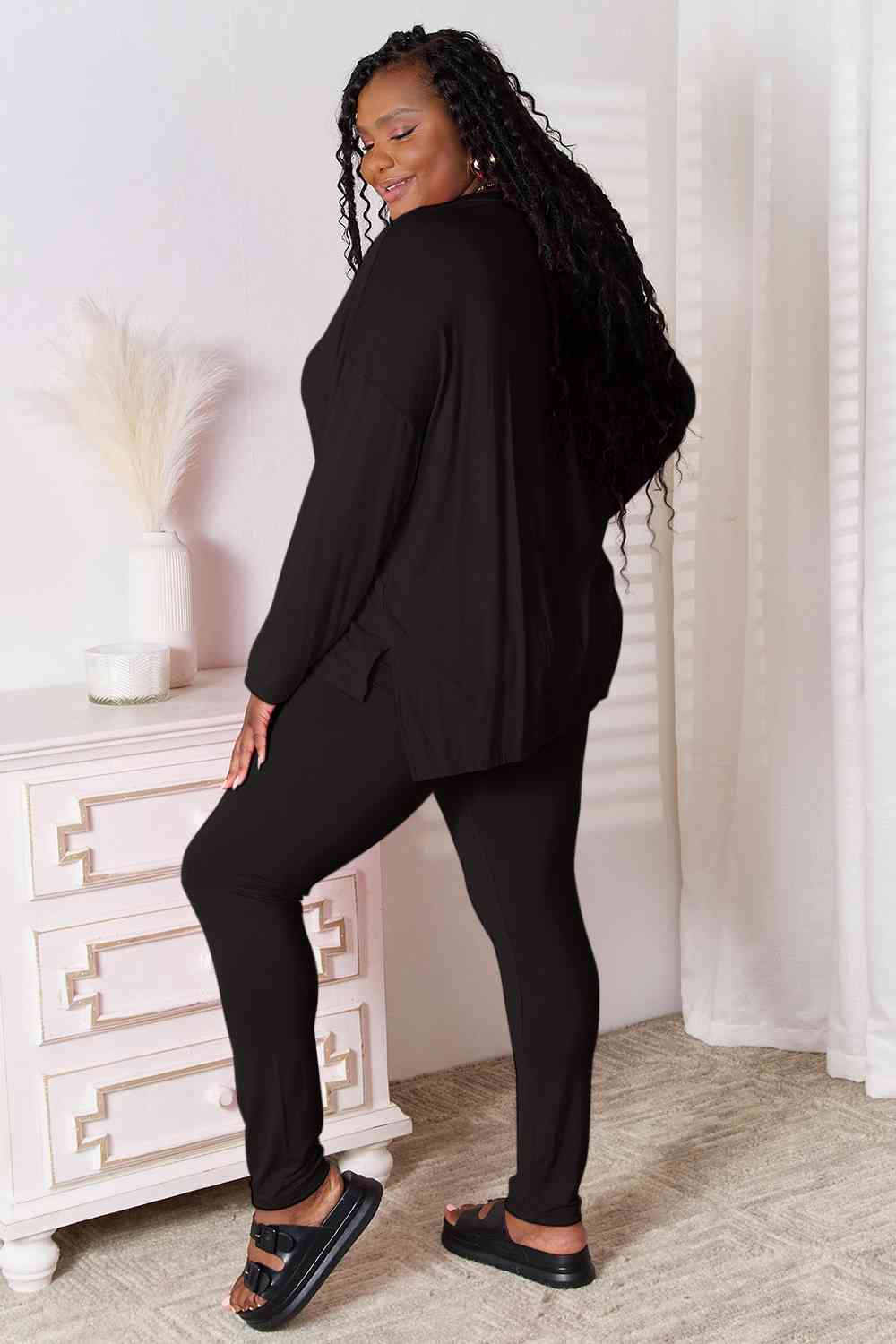 Sustainble Full Size V-Neck Soft Rayon Long Sleeve Top and Pants Lounge Set - Opulence & Essence