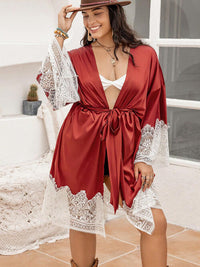 Thumbnail for Plus Size Lace Patchwork Tie Front Robe - Opulence & Essence