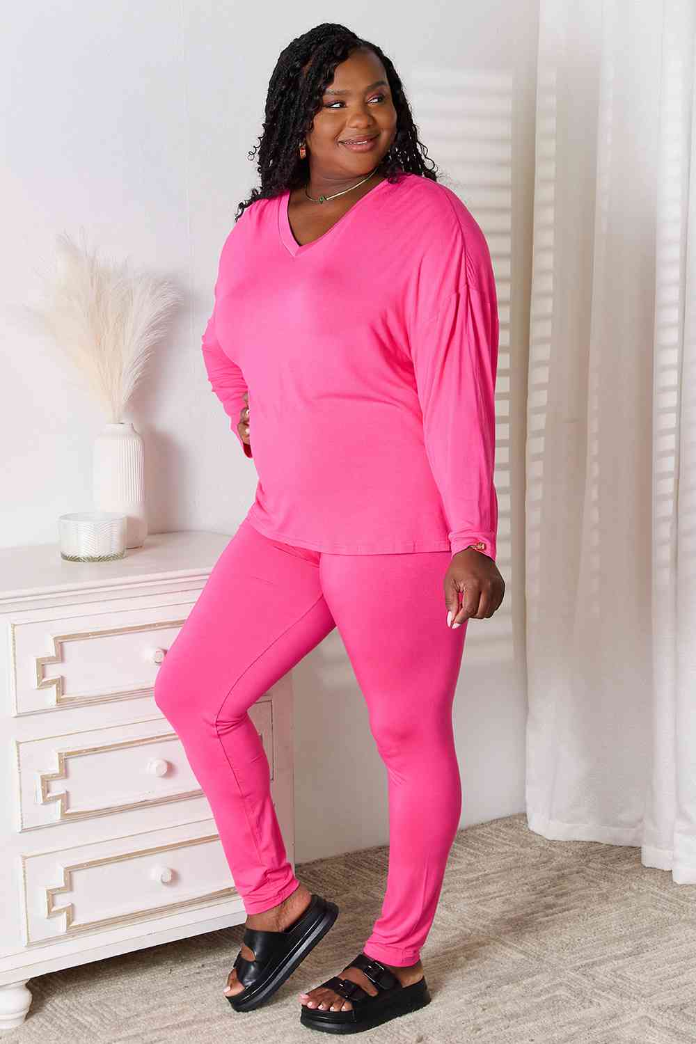 Sustainble Full Size V-Neck Soft Rayon Long Sleeve Top and Pants Lounge Set - Opulence & Essence