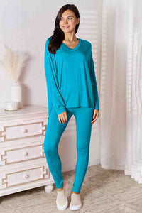 Thumbnail for Sustainble Full Size V-Neck Soft Rayon Long Sleeve Top and Pants Lounge Set - Opulence & Essence