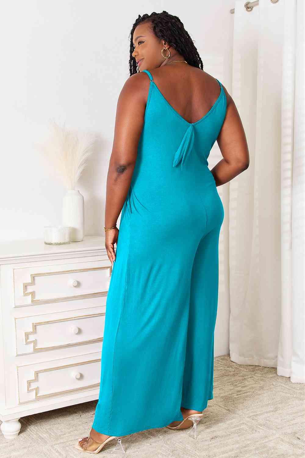 Double Take Full Size Soft Rayon Spaghetti Strap Tied Wide Leg Jumpsuit - Opulence & Essence