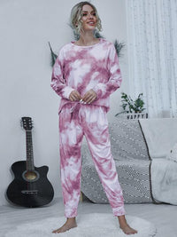 Thumbnail for Tie-dye Round Neck Top and Drawstring Pants Lounge Set - Opulence & Essence