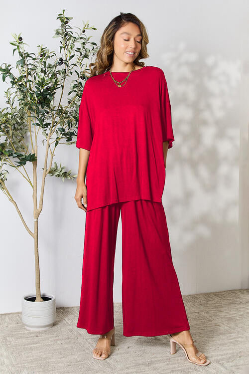 Double Take Full Size Round Neck Slit Top and Pants Set - Opulence & Essence