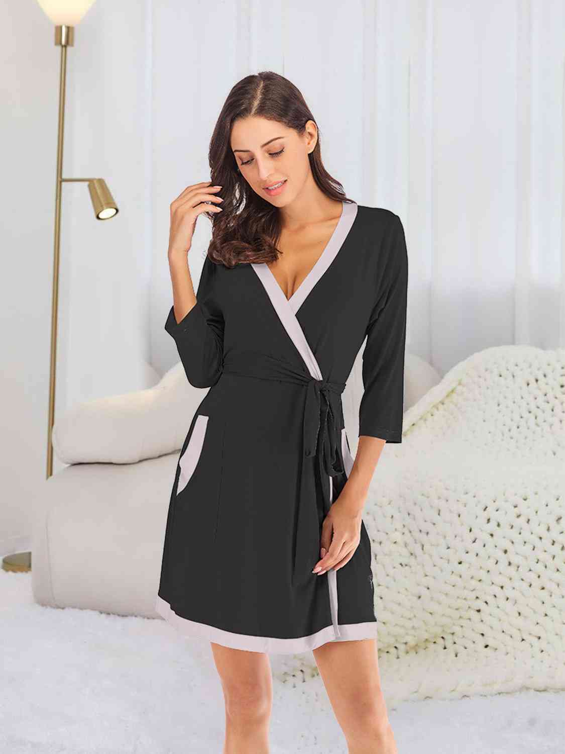 Tie Waist Surplice Neck Robe with Pockets - Opulence & Essence