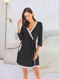 Thumbnail for Tie Waist Surplice Neck Robe with Pockets - Opulence & Essence