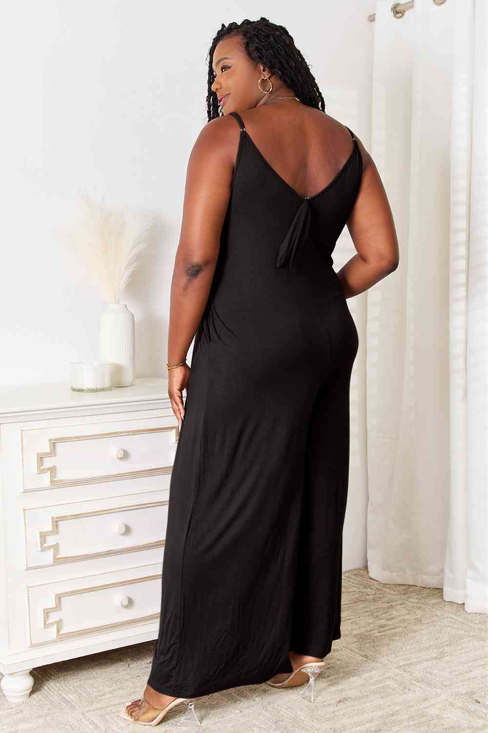 Double Take Full Size Soft Rayon Spaghetti Strap Tied Wide Leg Jumpsuit - Opulence & Essence