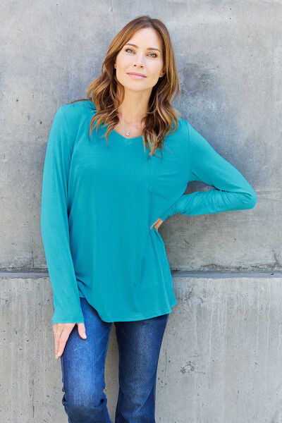 Sustainable Full Size V-Neck Long Sleeve Top - Opulence & Essence