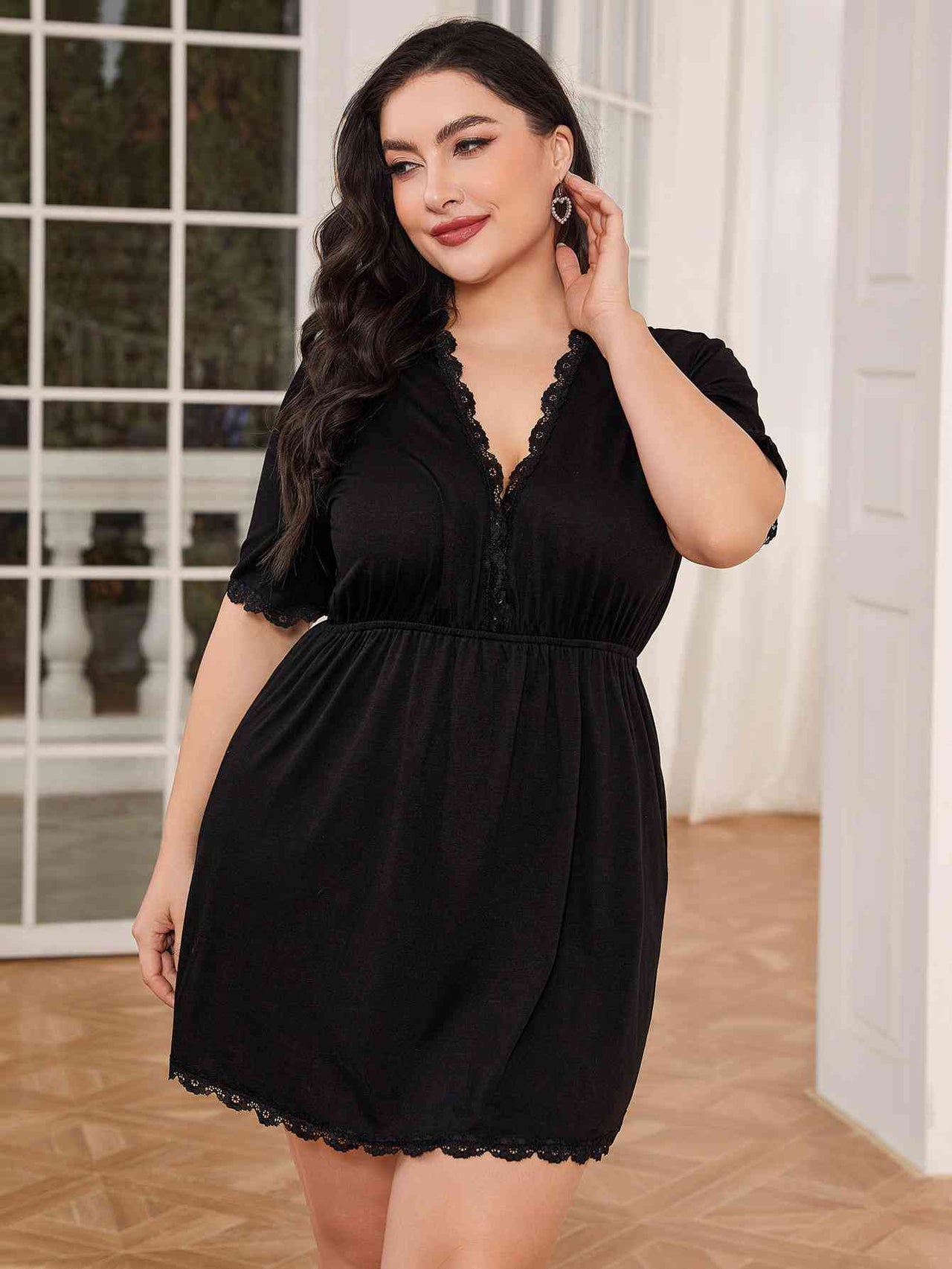 Plus Size Lace Trim Deep V Night Dress - Opulence & Essence