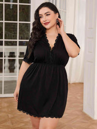 Thumbnail for Plus Size Lace Trim Deep V Night Dress - Opulence & Essence