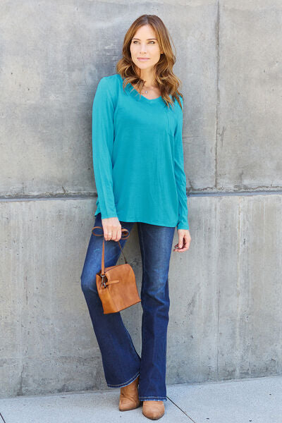 Sustainable Full Size V-Neck Long Sleeve Top - Opulence & Essence