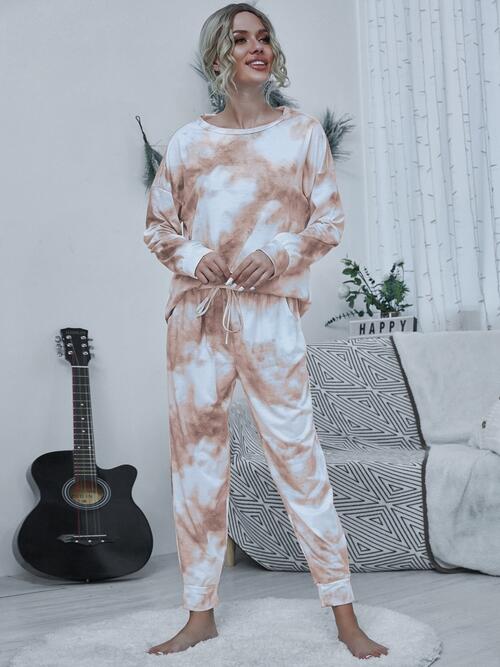 Tie-dye Round Neck Top and Drawstring Pants Lounge Set - Opulence & Essence