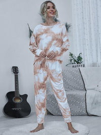 Thumbnail for Tie-dye Round Neck Top and Drawstring Pants Lounge Set - Opulence & Essence