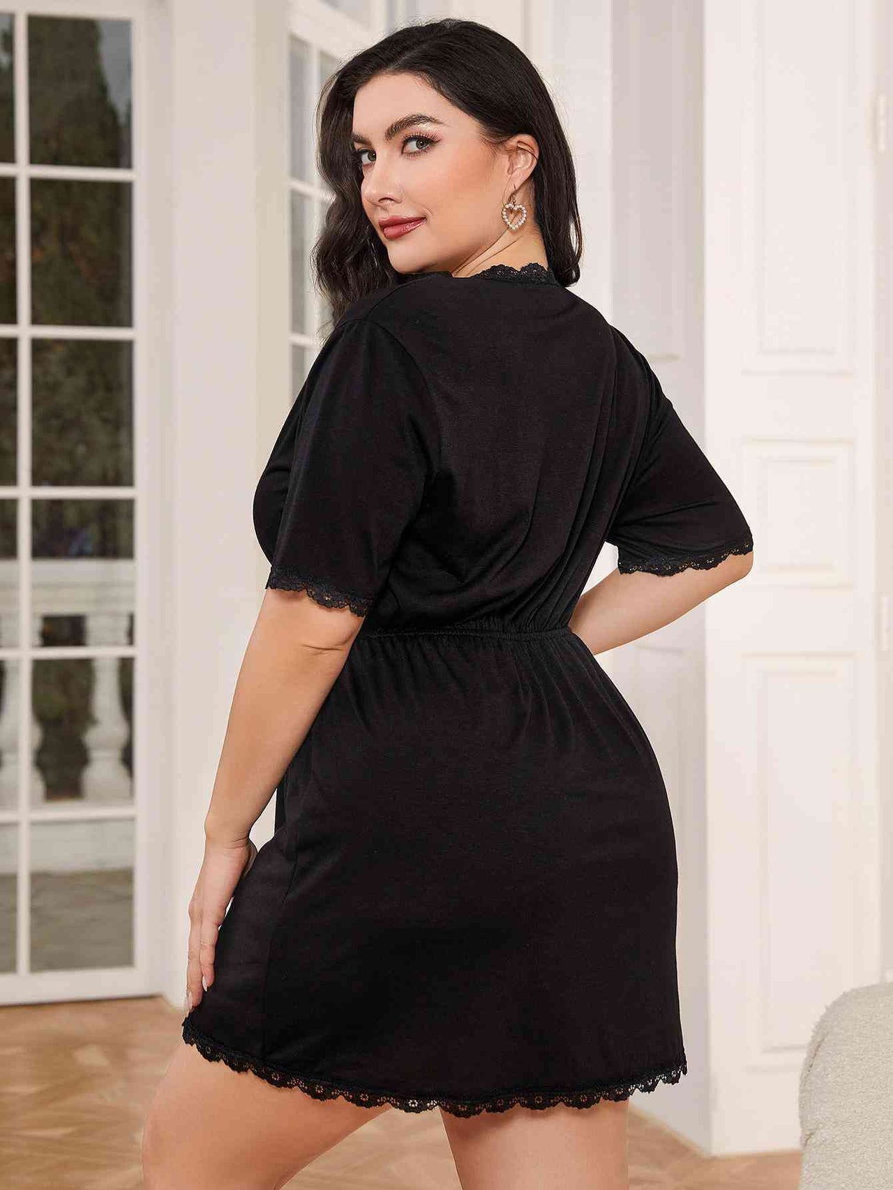 Plus Size Lace Trim Deep V Night Dress - Opulence & Essence