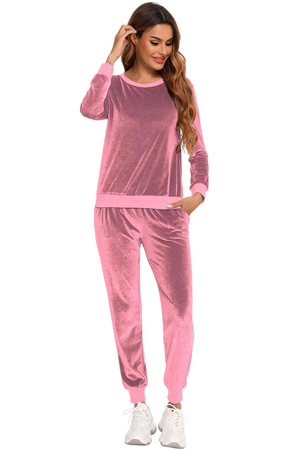 Round Neck Long Sleeve Loungewear Set with Pockets - Opulence & Essence