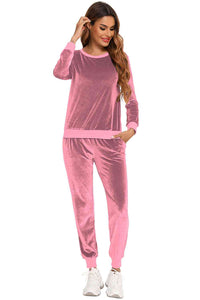Thumbnail for Round Neck Long Sleeve Loungewear Set with Pockets - Opulence & Essence