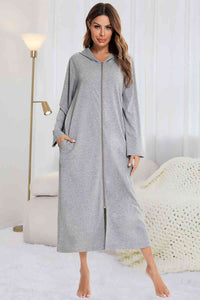 Thumbnail for Zip Front Hooded Night Dress with Pockets - Opulence & Essence