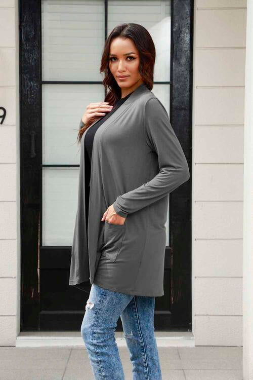 Sustainable Full Size Open Front Long Sleeve Cardigan with Pockets - Opulence & Essence