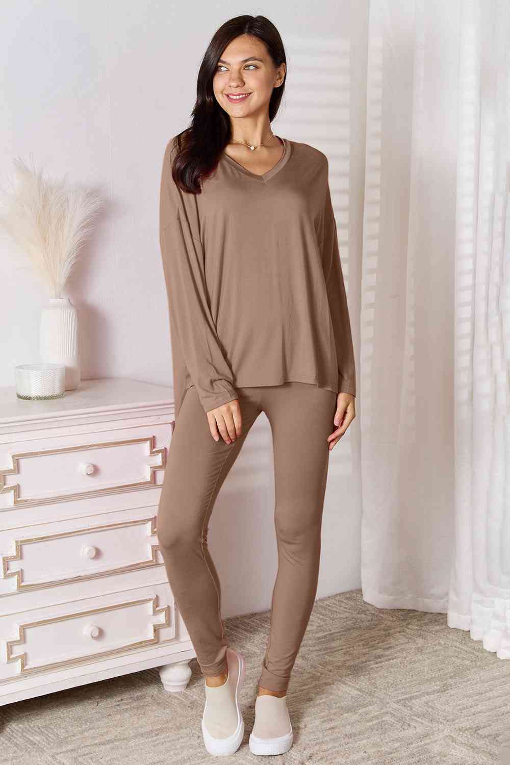 Sustainble Full Size V-Neck Soft Rayon Long Sleeve Top and Pants Lounge Set - Opulence & Essence