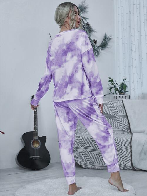 Tie-dye Round Neck Top and Drawstring Pants Lounge Set - Opulence & Essence