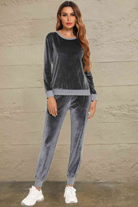 Thumbnail for Round Neck Long Sleeve Loungewear Set with Pockets - Opulence & Essence