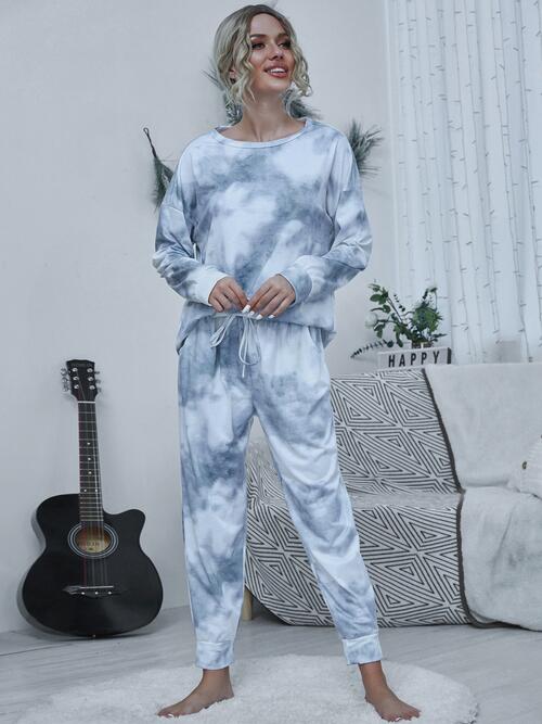 Tie-dye Round Neck Top and Drawstring Pants Lounge Set - Opulence & Essence