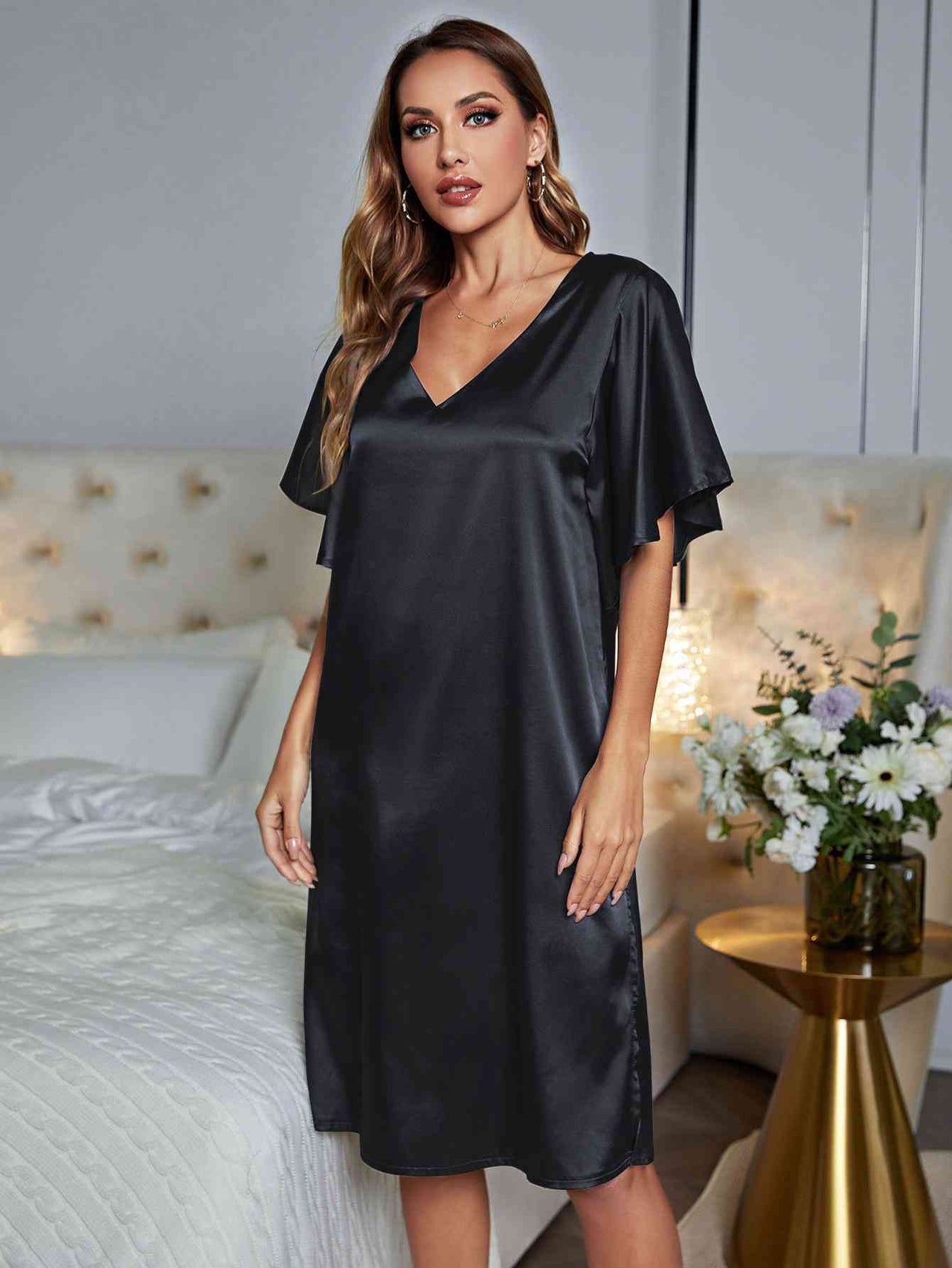 V-Neck Flutter Sleeve Night Dress - Opulence & Essence