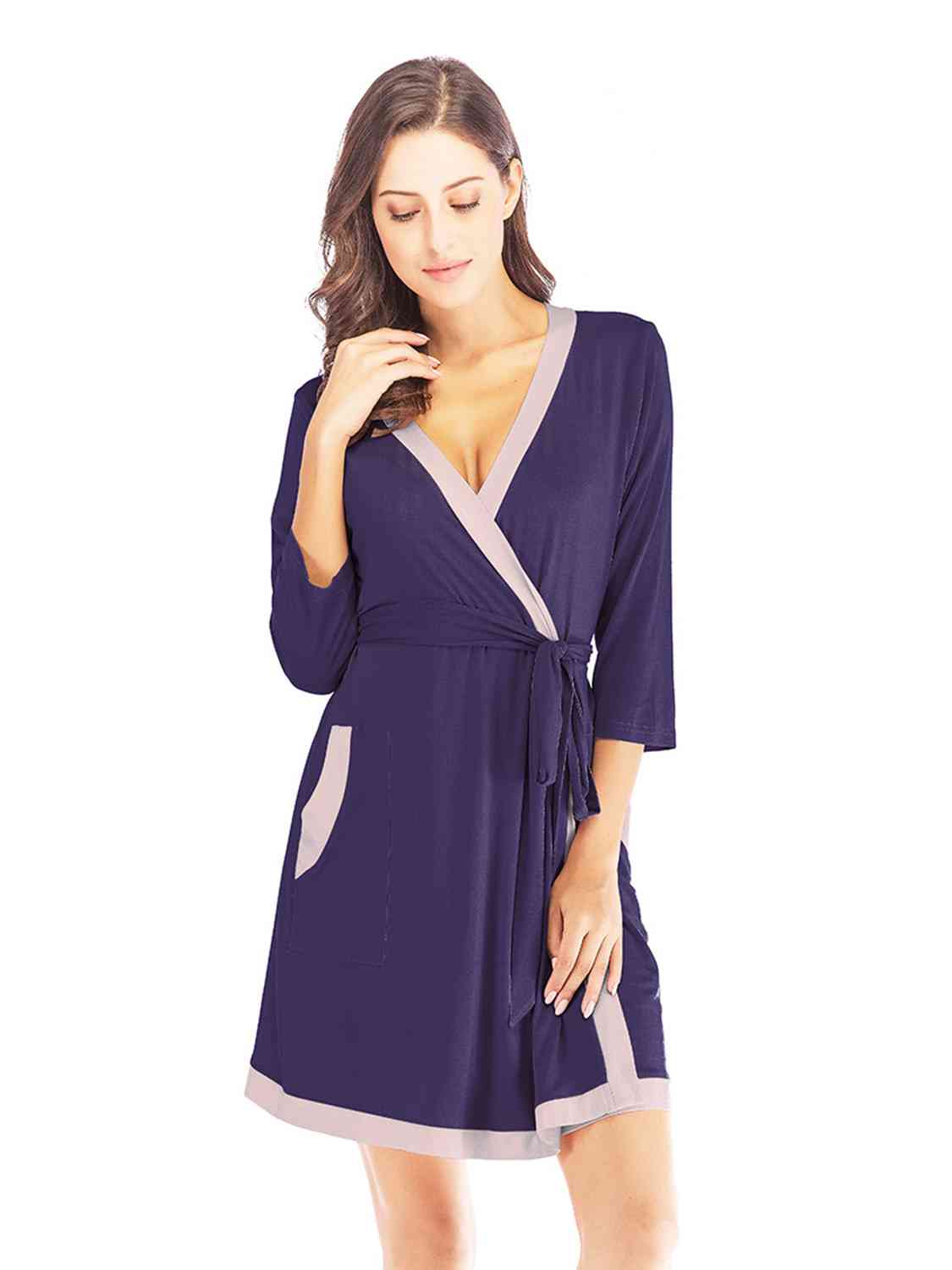 Tie Waist Surplice Neck Robe with Pockets - Opulence & Essence