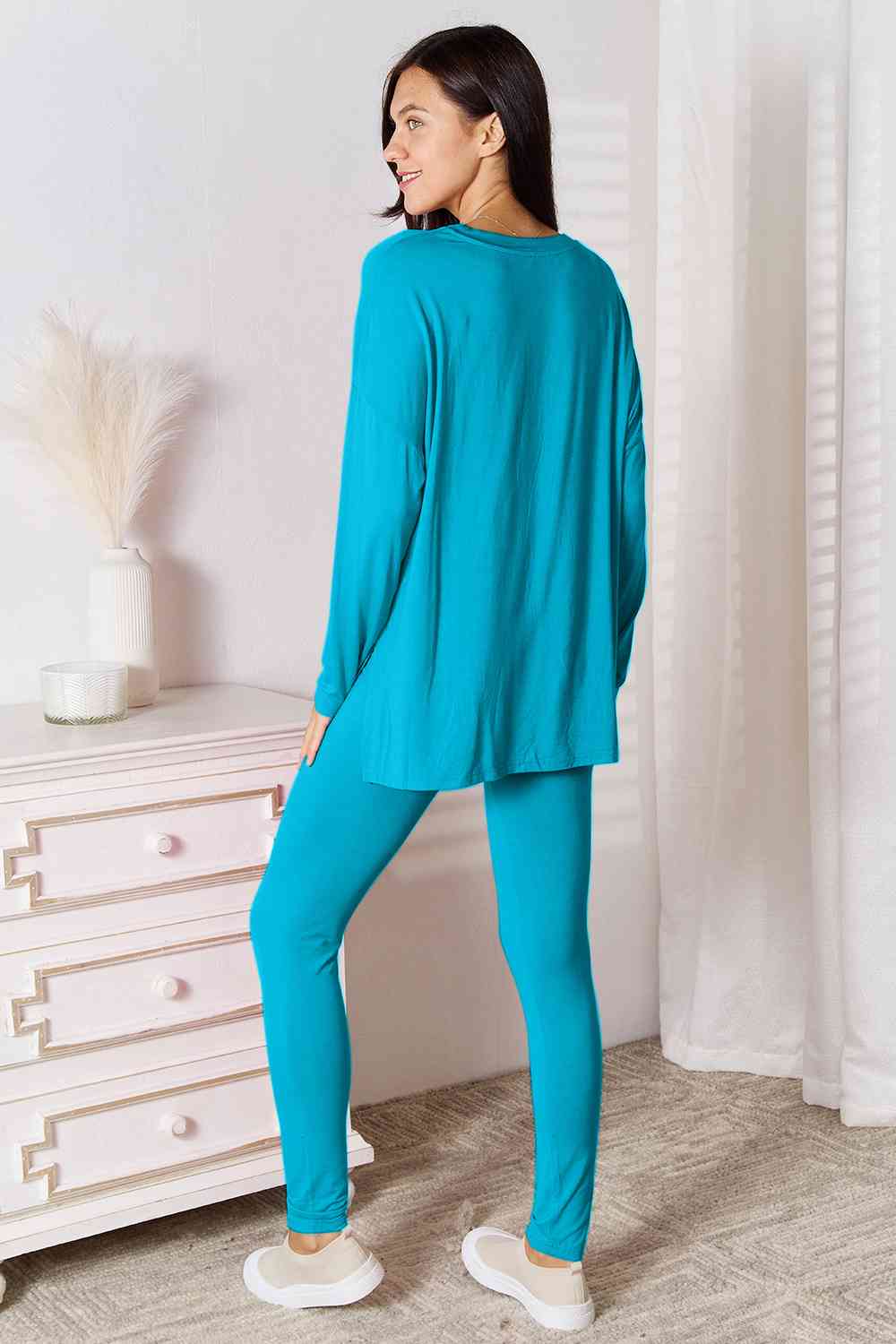 Sustainble Full Size V-Neck Soft Rayon Long Sleeve Top and Pants Lounge Set - Opulence & Essence