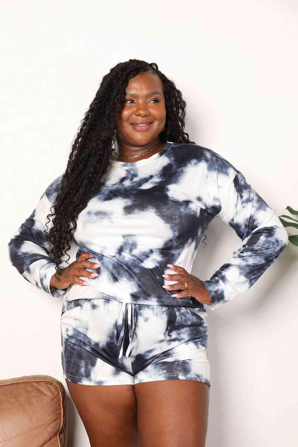 Double Take Tie-Dye Round Neck Top and Shorts Lounge Set - Opulence & Essence